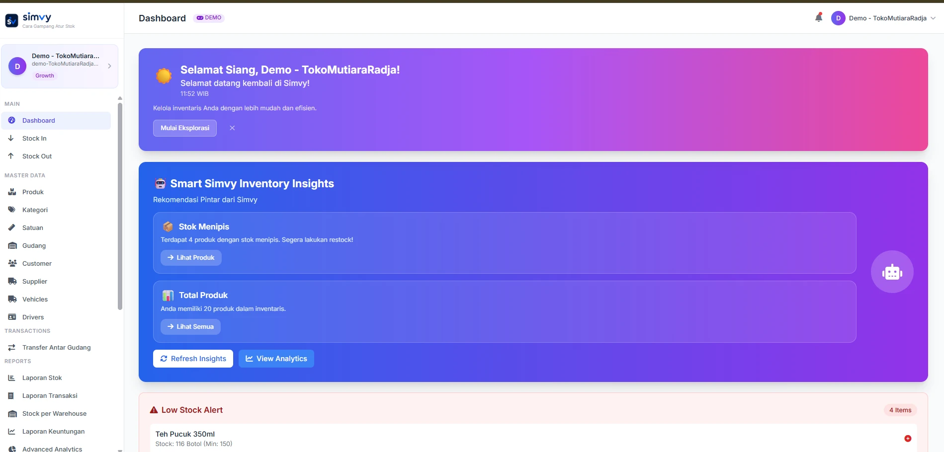 Dashboard SIMVY aplikasi stok barang dan inventory untuk UMKM